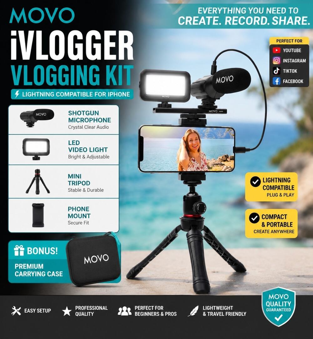 iVlogger Kit, iPhone Compatible Accessories LED Light Shotgun Microphone by Movo